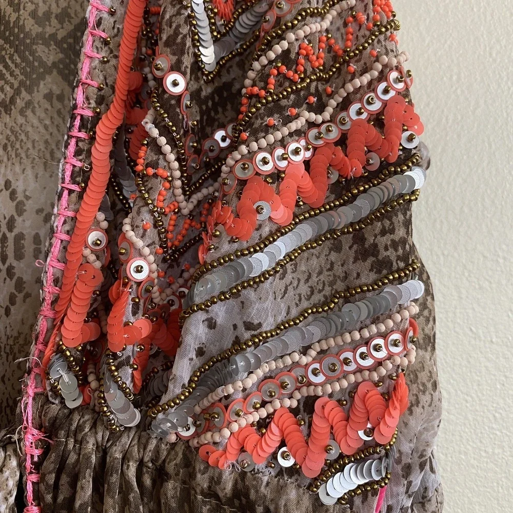 Ramy Brook Snakeskin Boho Embellished Maxi Dress Cover-Up Brown Size S Glam‎